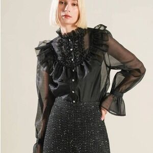 FREEMARKET To My Love Black Sheer Organza Ruffle  Blouse Size Small